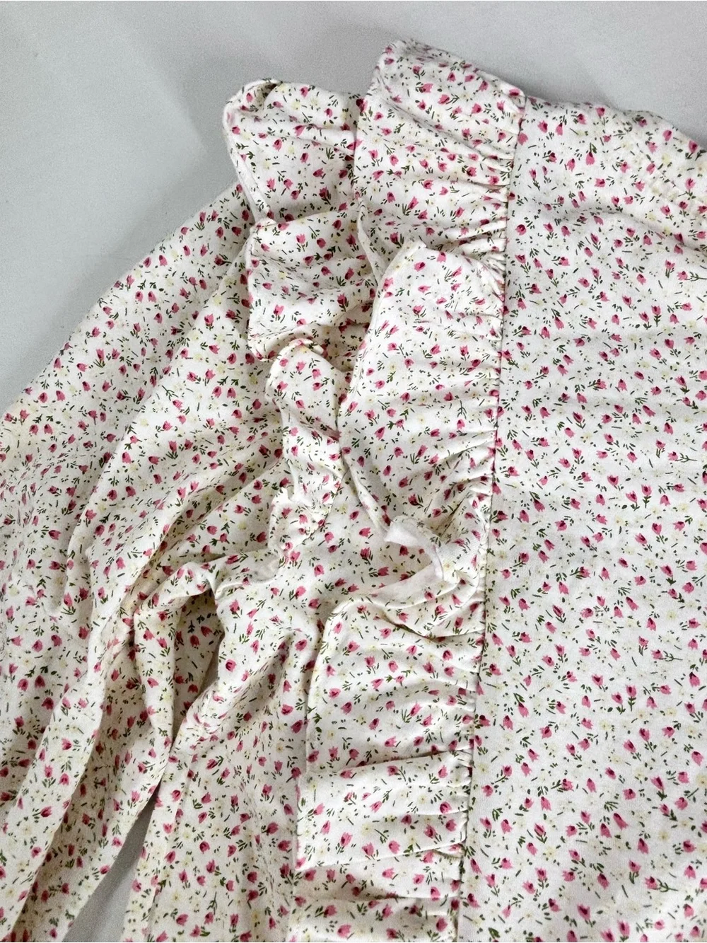 Anthropologie Blouse Dainty Pink Floral Print Ruffle Long Sleeve Blouse Large